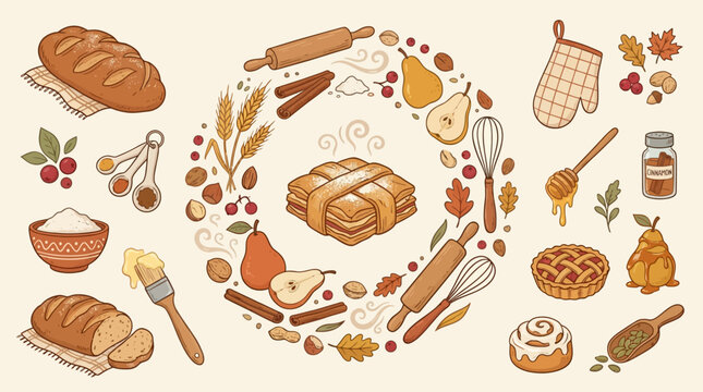 Artisanal bakery and baking ingredients collection featuring bread flour pears cinnamon and kitchen tools in a circular arrangement on a light background for culinary blog or food industry branding