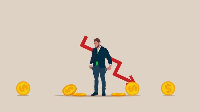 Broke businessman showing empty pockets with no money. Financial crisis in tax. Loan repayment, installment plan. Business animation video