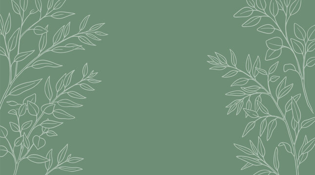 Minimalist sage green background featuring delicate hand drawn botanical leaf line art illustrations perfect for elegant wedding invitations or natural branding templates for organic beauty products