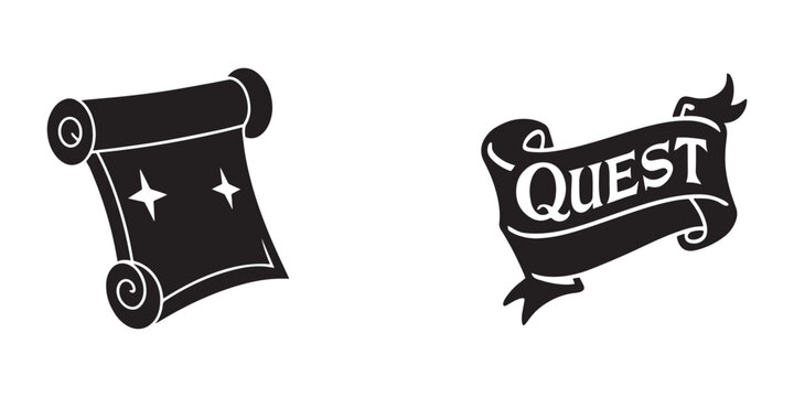 Fantasy themed quest scroll and banner graphic icons with star and ribbon design elements isolated on transparent background