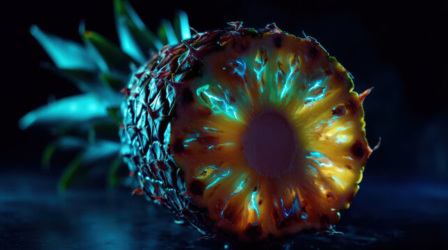 Pineapple cut to show bright neon veins in fresh fruit