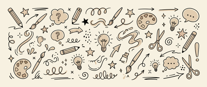 Artistic collection of hand drawn doodle elements featuring pencils paintbrushes lightbulbs stars and thought bubbles for creative brainstorming sessions and educational school project designs