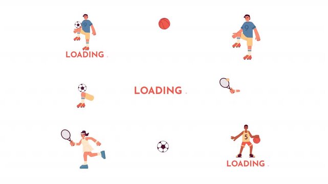 Ball sports loading cartoon animation pack. Basketball dribbling and tennis athlete with racket swinging. Soccer player juggling animated flat 4K video collection isolated on transparent background