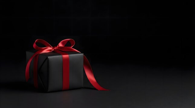 A black gift box wrapped with a vibrant red satin ribbon and bow, positioned on a dark background, perfect for holidays, birthdays, or luxury shopping concepts