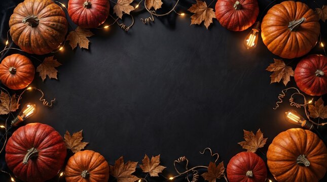 Pumpkins string lights and autumn leaves frame on black background