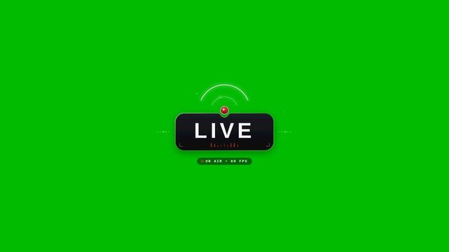 Live stream broadcast badge for podcast day with flashing red recording light and animated pulsing radio waves isolated on chroma key green screen backdrop