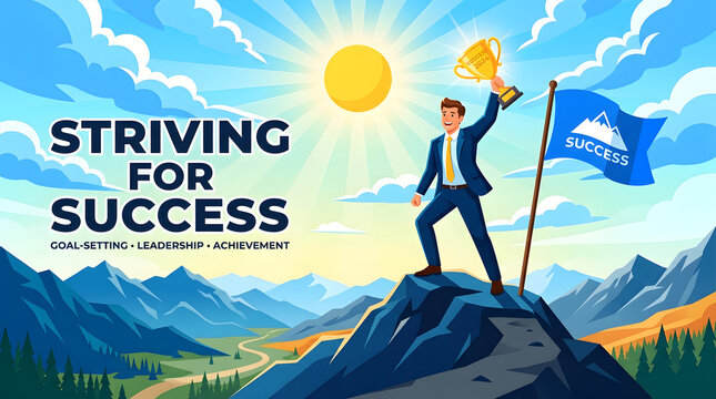 Striving for Success: A determined businessman stands atop a mountain peak, holding a golden trophy and a flag with Success written on it.