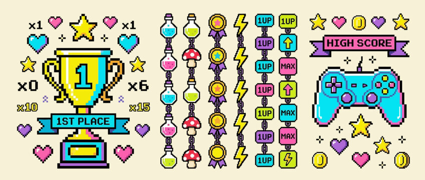 Set of pixel art gaming achievement badges including trophy potion bottles medals and game controller for retro arcade game UI design isolated on light background in vector format