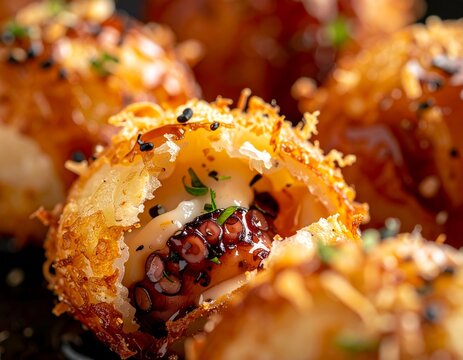 Close-up takoyaki texture, crispy outer layer cracked open revealing soft creamy interior with octopus piece, macro food shot, dark background, no people
