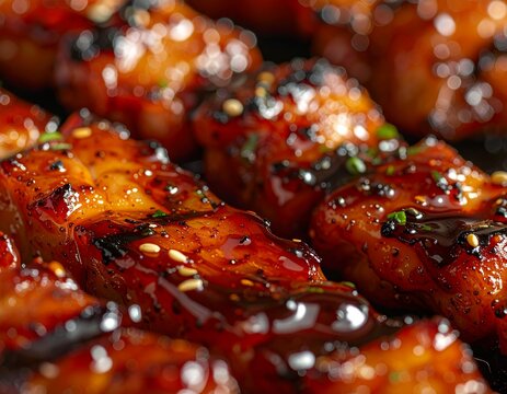 Close-up yakitori glaze texture, caramelized surface with glossy sauce, macro shot, no people