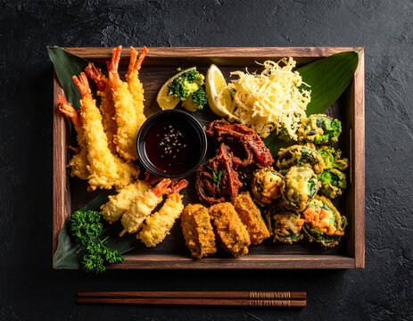 Mixed tempura platter, vegetables and seafood arranged neatly, flat lay, no people