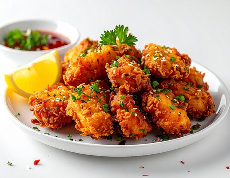 Modern karaage plating, white plate with lemon wedge, clean studio look, no people