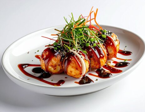 Modern plated takoyaki, minimalist ceramic plate with artistic sauce drizzle, clean studio lighting, no people