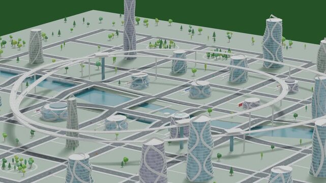 Futuristic city maglev trains smart building cityscapes bg seamless looped animation 4k