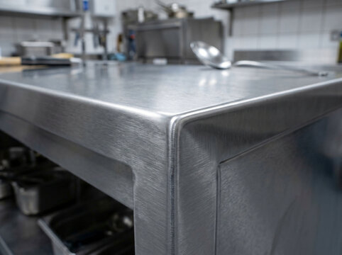 Professional stainless steel kitchen countertop | Industrial restaurant kitchen work table close-up | Clean brushed metal surface in commercial kitchen | Modern catering equipment texture