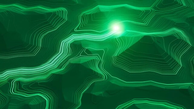Green contour lines flow through a dark digital field with a traveling point of light. Technology presentations, mapping and navigation projects, and science and geology documentaries.