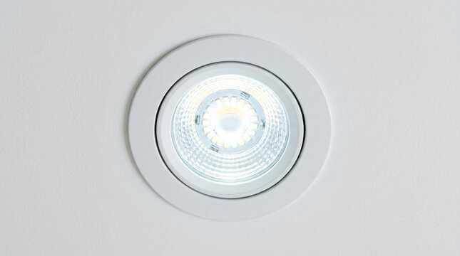 Modern recessed LED ceiling light | Close up of circular downlight bulb | Energy efficient home interior lighting | White ceiling mounted spotlight detail