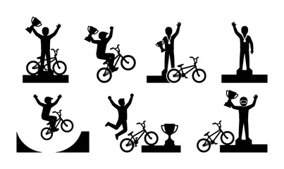 Fototapeta premium BMX Cycling Victory Silhouettes, Bicycle Race Champions, Podium Winners, Trophy Celebration Icons