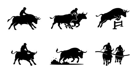 Fototapeta premium Bull Riding Rodeo Icons, Cowboy Silhouette Vector Set, Livestock Animal Action Graphics