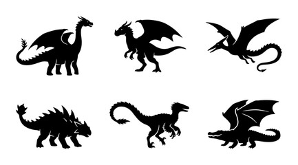 Mythical Dragon Silhouettes, Fantasy Creature Icons, Ancient Reptile Vector Set, Dark Fantasy Art © Diganto