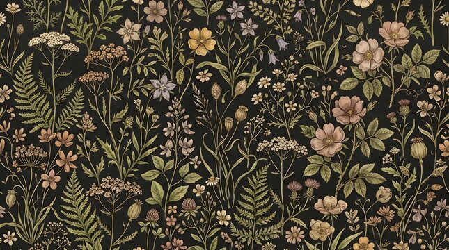Dark and moody botanical illustration featuring a dense arrangement of wildflowers and foliage in muted tones