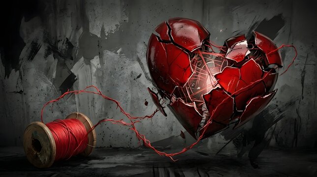 A shattered red heart digitally fragmented against a dark gray background representing heartbreak and emotional distress
