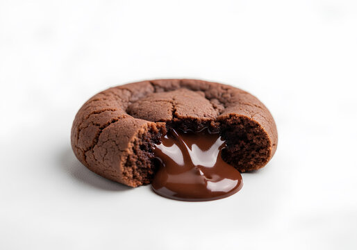Dark chocolate cookie with melting lava filling on white background