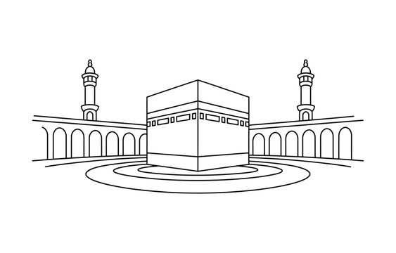 Black and white line art drawing of the kaaba in mecca with minarets and arches for islamic religious events and hajj pilgrimage celebration design