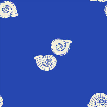 Blue and beige silhouette sea shells coastal seamless pattern. Hand drawn mollusk repeat background