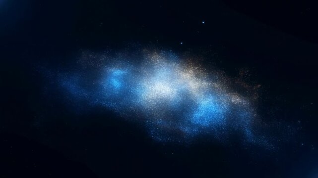 Blue and gold particles drift and swirl through a dark atmospheric field. Technology presentation, digital transformation opener, and cosmic title sequence.