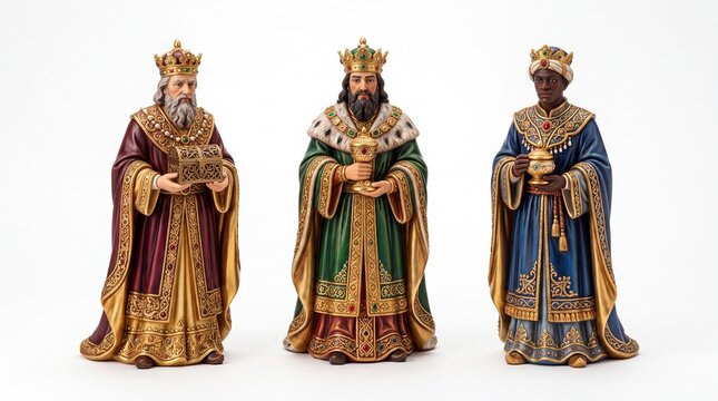 Three decorative biblical wise men figurines wearing ornate royal robes and gold crowns on white background