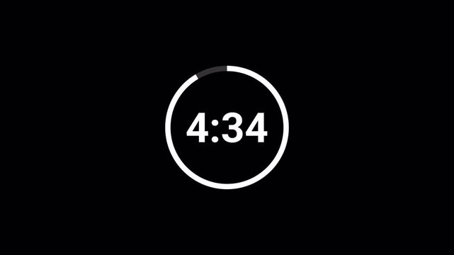 5 minutes countdown timer animation on transparent background. 4k video