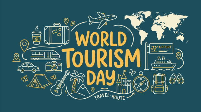 World tourism day doodle style illustration with suitcases camera train car cruise ship airport sign map and binoculars on dark teal background for travel route and exploration concept