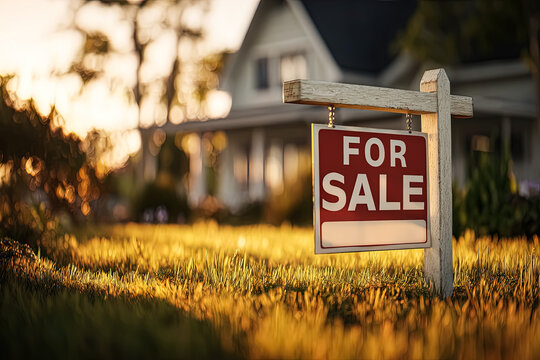 Realistic image of a 'For Sale' sign on a lawn with a house visible in the background, suggesting real estate and home buying.