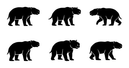 Fototapeta premium Six Black Hippopotamus Icons, Vector Set, Wildlife Animal Silhouettes, African Fauna Collection