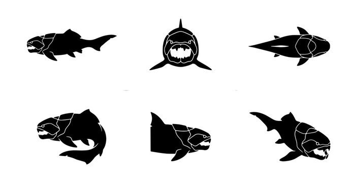 Prehistoric Fish Silhouettes, Ancient Marine Life Icons, Dunkleosteus Vector Set, Fossil Predators