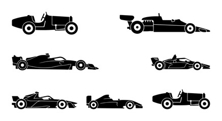 Fototapeta premium Vintage and Modern Race Cars Silhouettes, Classic Automobile and Formula 1 Vector Set