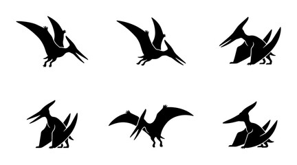 Pterodactyl Silhouette Set, Flying Dinosaur Icons, Prehistoric Creature Vector Graphics © Zarin
