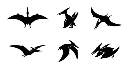 Pterodactyl Silhouettes, Flying Dinosaur Icons, Prehistoric Vector Graphics, Ancient Reptile Shapes © Zarin