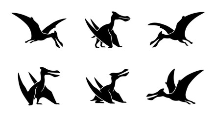 Pterodactyl Silhouettes, Flying Dinosaur Icons, Prehistoric Reptile Vector Set, Ancient Creature Graphics © Zarin