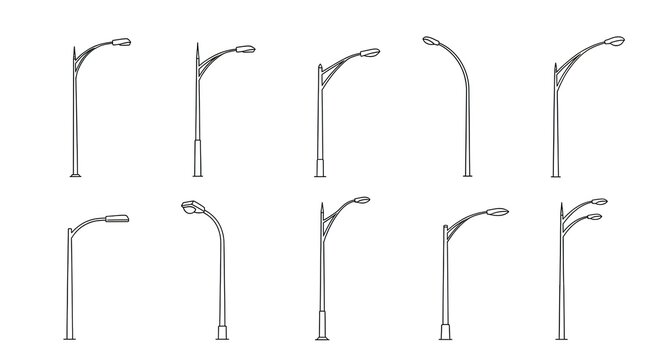 Street lighting poles outline vector icon set containing icons for Single Arm Pole Double Arm Pole Curved Post Straight Post and Decorative Luminaire for urban planning and smart city projects