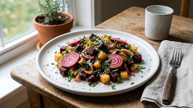 Fresh roasted beet salad with cheese and herbs served on a plate on a wooden kitchen table. beet hash