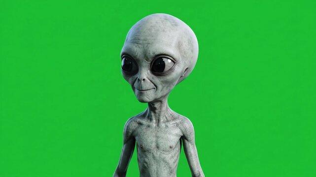 Shy Gray Extraterrestrial Alien Giving an Awkward Greeting on Green Screen