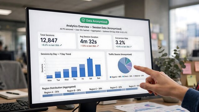 A person points at a computer screen displaying anonymized session data analytics, highlighting a commitment to data privacy and compliance.
