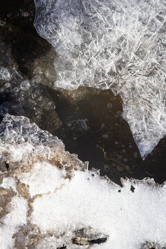 Winter ice background. Frozen water texture, macro view. Frost river close up, top view. Ice on flowing river.