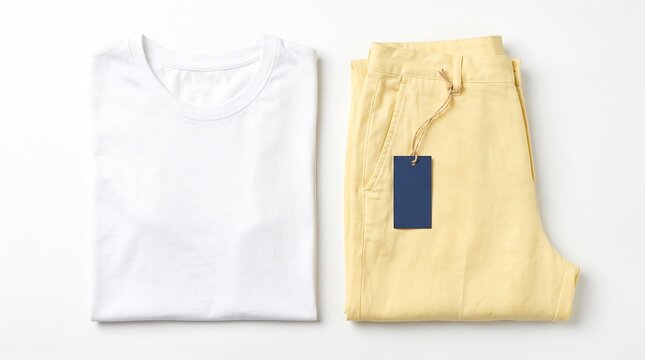 Blank white t-shirt and folded yellow pants with a blue tag, laid out on a clean white background for a flat lay clothing apparel mockup