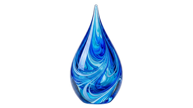 Elegant blue glass sculpture shaped like a water drop with artistic swirling white interior patterns inside