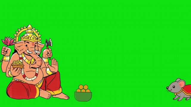 Animated Lord Ganesha and Mouse with Modak Bowl on Green Screen for Vinayaka Chavithi Greeting