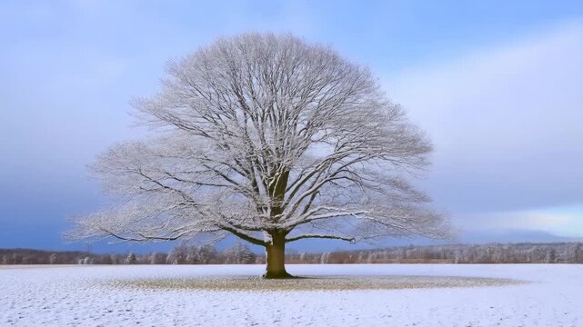 Solitary deciduous tree undergoes seasonal change in an open rural field. Nature documentaries, environmental education, and climate communication.