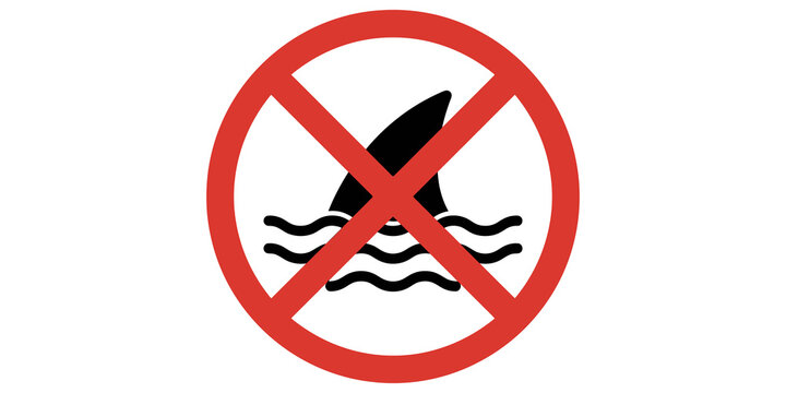 No shark swimming allowed circular red prohibitory sign symbol for beach safety and marine hazards warning.